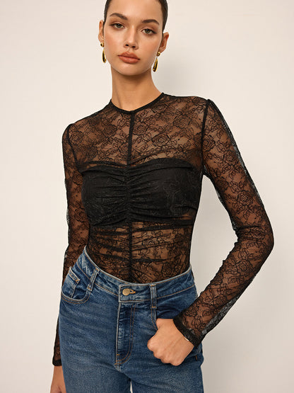 Semi-Sheer Lace Ruched Long Sleeve Top