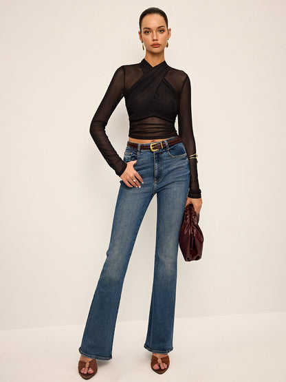Semi-Sheer Mesh Cross-Front T-Shirt
