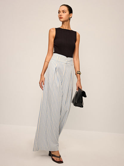 Cotton Striped Pleated Wide-Leg Pants