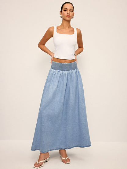 Smocked Waistband Denim Maxi Skirt