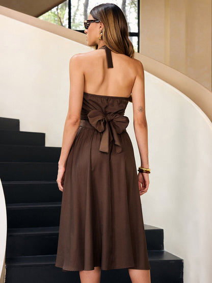 Halter Neck Midi Dress with Back Bow and Front Zipper