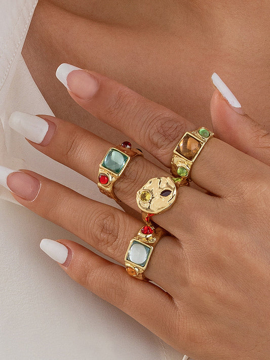Luxury Multicolor Gemstone Gold Rings Set