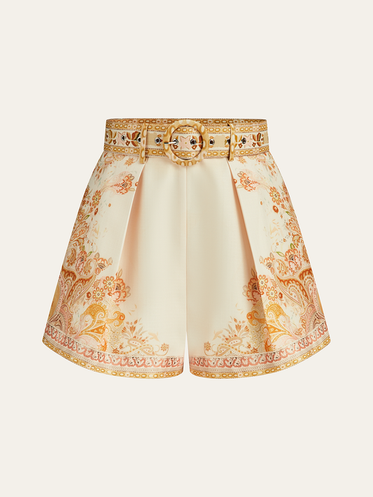 Belted Boho Print Tailored Shorts