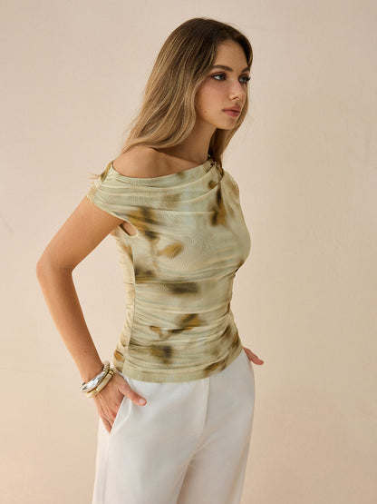 One-Shoulder Ruched Print Top
