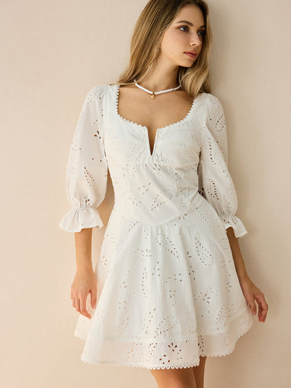 Cotton Scalloped Edge Eyelet Mini Dress