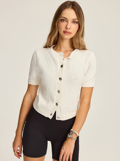 Textured Knit Short-Sleeve Cardigan