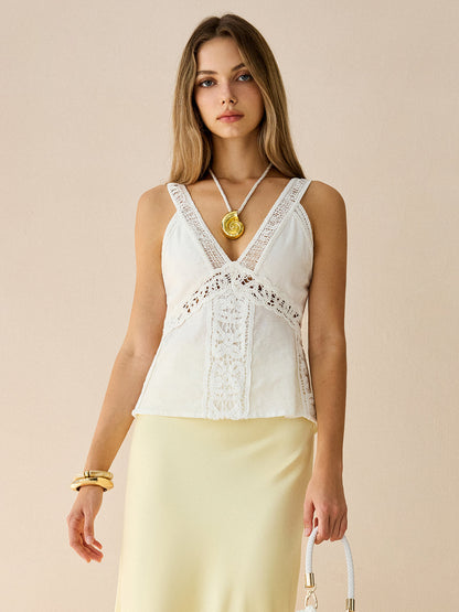 Semi-Sheer Linen & Cotton Lace V-Neck Top