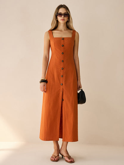 Square-Neck Button-Front Maxi Dress with Slit