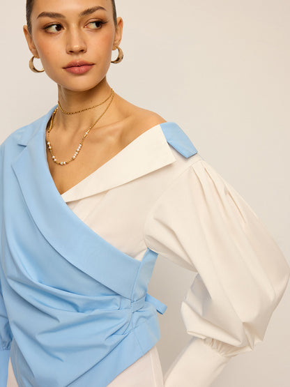 Two-Tone Asymmetric Off-Shoulder Shirt