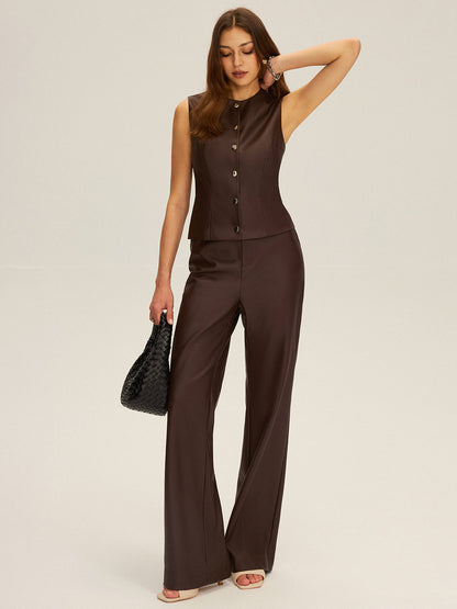 PU Leather Button Sleeveless Vest