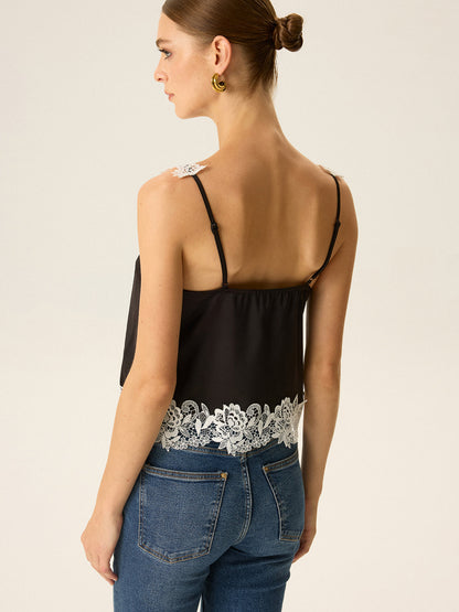 Semi-Sheer Lace Trim Cami Top
