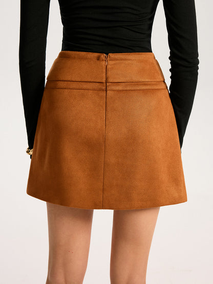 Metal Buckle Slit Suede Mini Skirt