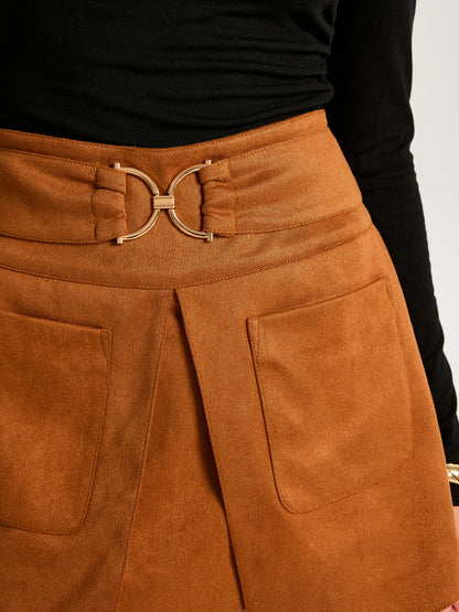 Metal Buckle Slit Suede Mini Skirt