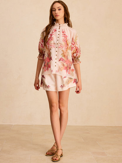 Floral Print Ruffled Mock Neck Blouse