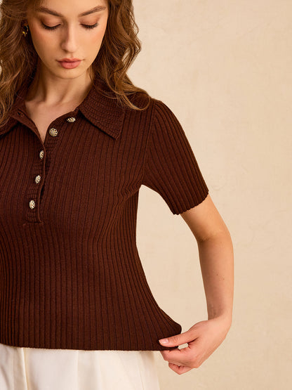 Metal Button Ribbed Knit Polo Top