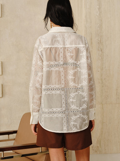 Semi-Sheer Embroidered Eyelet Shirt