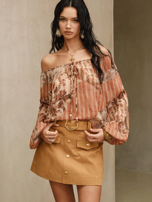 Boho Print Semi-Sheer Chiffon Tie-Front Blouse