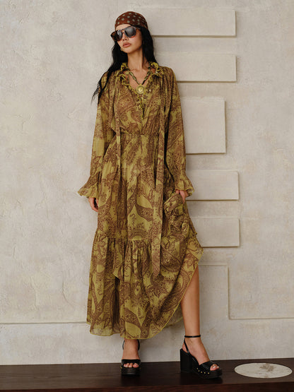 Boho Print Chiffon Maxi Dress Set with Liner