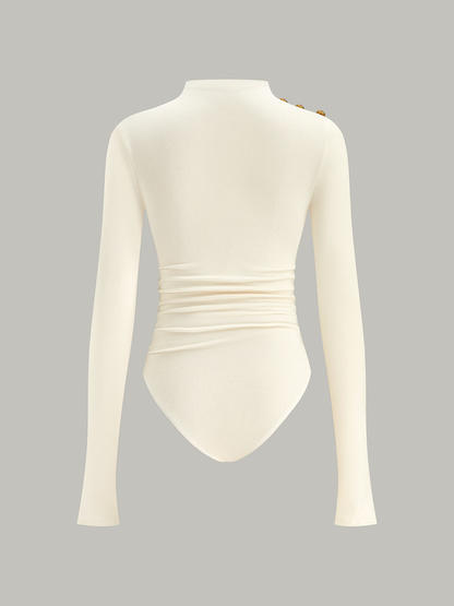 Ruched Shoulder-Decor Long Sleeve Bodysuit