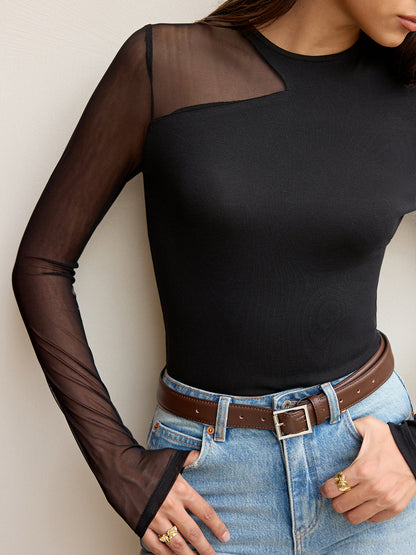 Asymmetrical Sheer Panel Long Sleeve T-Shirt