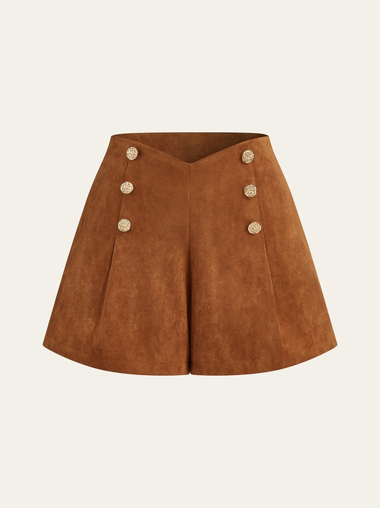 Embellished Button Suede High-Waisted Shorts