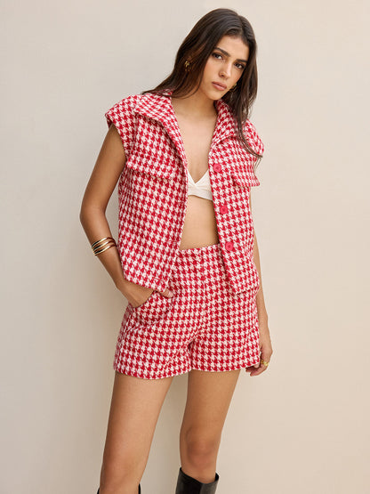 Houndstooth Tweed Collared Cap Sleeve Vest