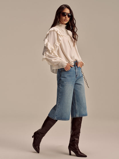 Embroidered Mock Neck Ruffled Blouse
