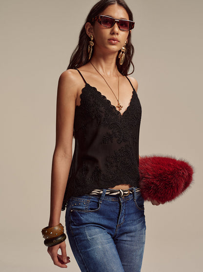 Semi-Sheer Embroidered Floral Chiffon Cami Top
