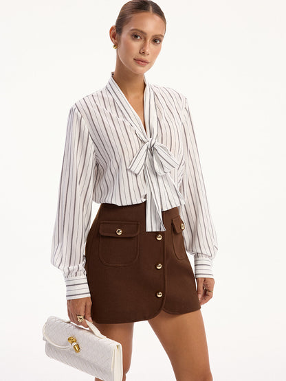 Striped Tie-Neck Long Sleeve Shirt