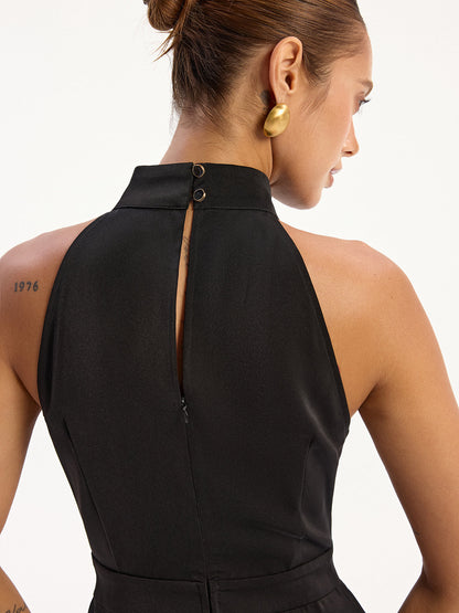 Satin Halter Neck Back Slit Jumpsuit without Belt