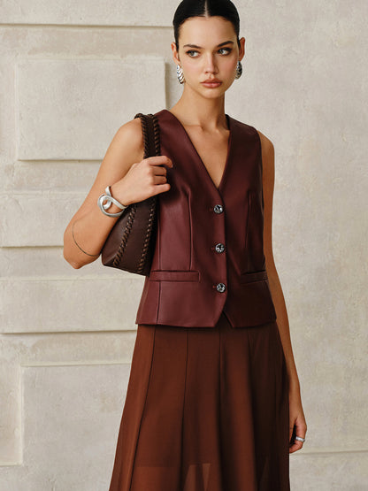 Faux Leather Metal Button Vest
