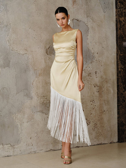 Satin Asymmetric Fringe Hem Maxi Dress