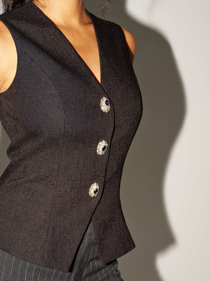 Tweed V-Neck Buttoned Fitted Vest