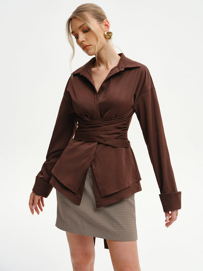 Long-Sleeve Wrap-Waist Back-Bow Shirt