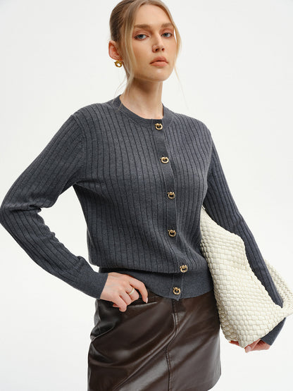 Wool-Blend Ribbed Knit Cardigan