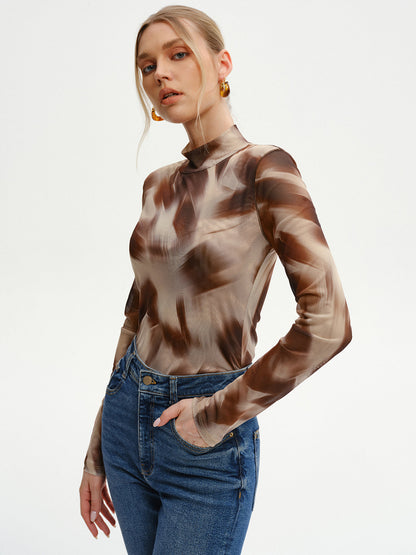 Abstract Print Mesh Long Sleeve T-Shirt