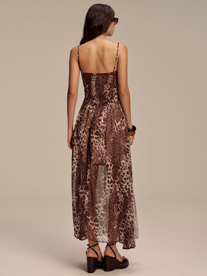 Animal Print Panel Semi-Sheer Mesh Maxi Dress