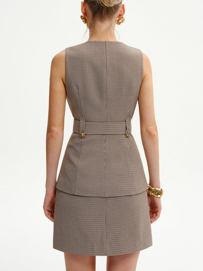 Belted Houndstooth Square-Neck Vest