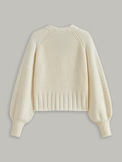 V-Neck Button Wool Blend Cable Knit Cardigan