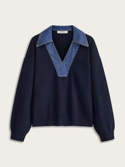 Denim Collar V-Neck Sweater