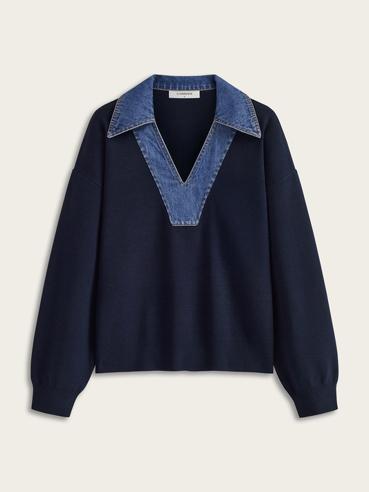 Denim Collar V-Neck Sweater