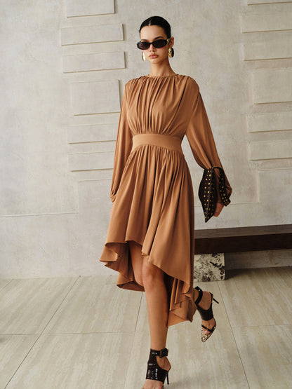 Long-Sleeve Pleated Asymmetric Midi Dress