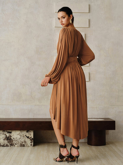 Long-Sleeve Pleated Asymmetric Midi Dress