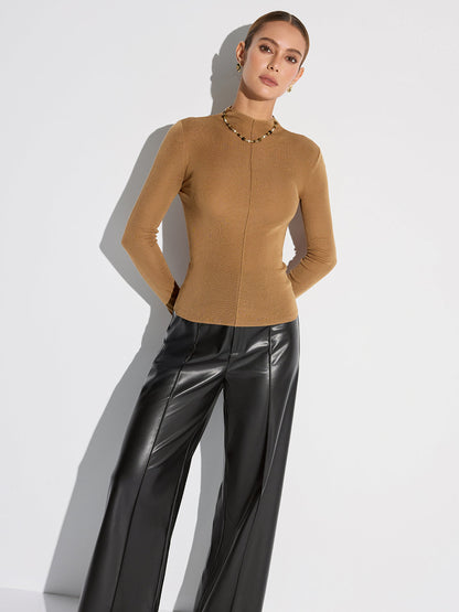 Wool Blend Mock Neck Fitted Long Sleeve Knit Top