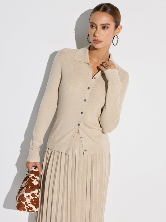 Ribbed Wool Blend Polo Collar Cardigan