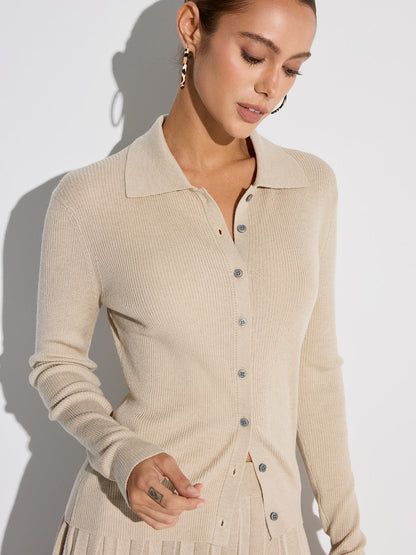 Ribbed Wool Blend Polo Collar Cardigan