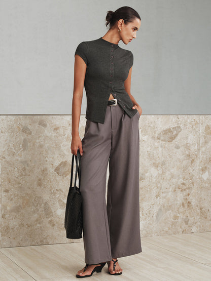 Mock Neck Cap-Sleeve Button T-Shirt