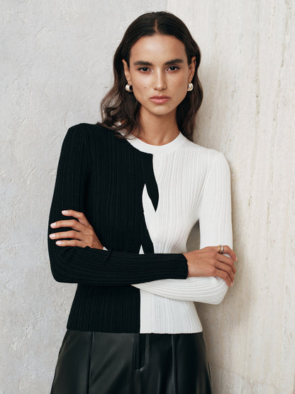 Asymmetric Color-Block Ribbed Sweater