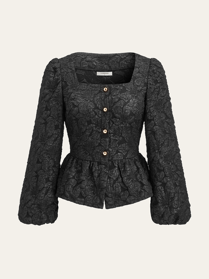 Textured Puff Sleeve Peplum Blouse