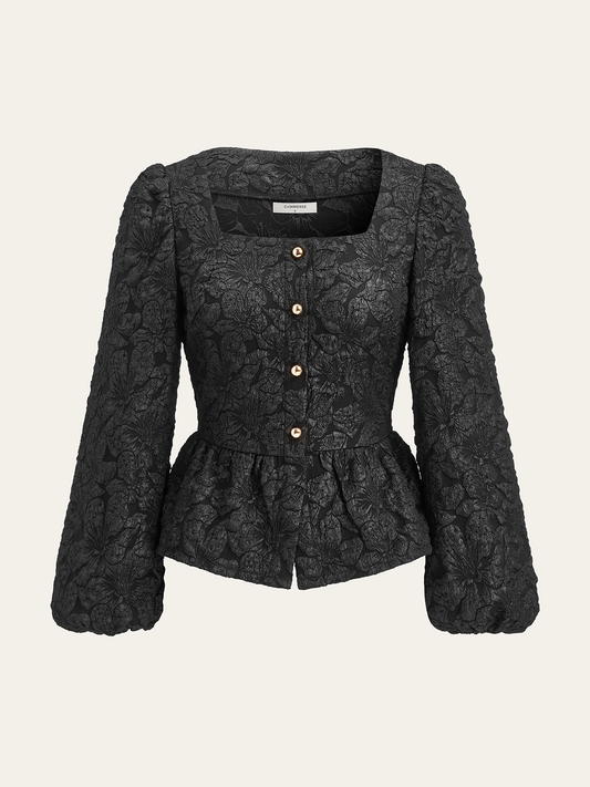Textured Puff Sleeve Peplum Blouse
